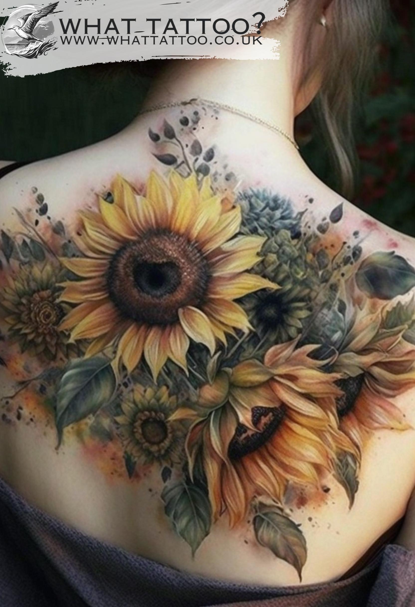 Sunflower tattoo on Woman’s Upper Back design ideas D3