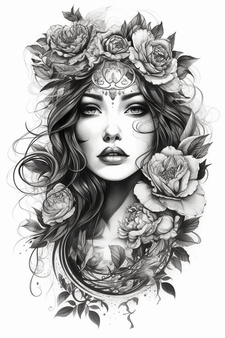 Gothic Art Pencil Sketch of a Woman with Roses - A Stunning Tattoo Design