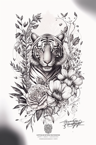 Detailed fineline Floral Thigh Tattoo With Tiger Tattoo, tattoo sketch, design drawings #9