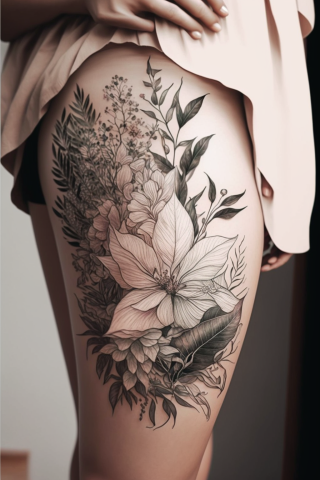 Fine Line Floral Thigh Tattoo, tattoo sketch, design drawings #2