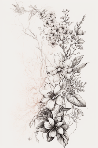Fine Line Floral Thigh Tattoo, tattoo sketch, design drawings #3