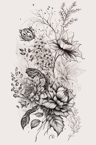 Fine Line Floral Thigh Tattoo, tattoo sketch, design drawings #4