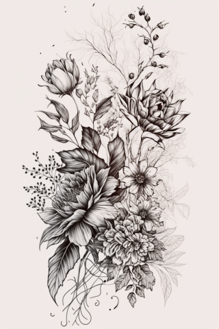 Fine Line Floral Thigh Tattoo, tattoo sketch, design drawings #5