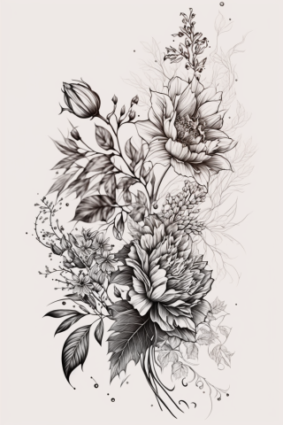 Fine Line Floral Thigh Tattoo, tattoo sketch, design drawings #8