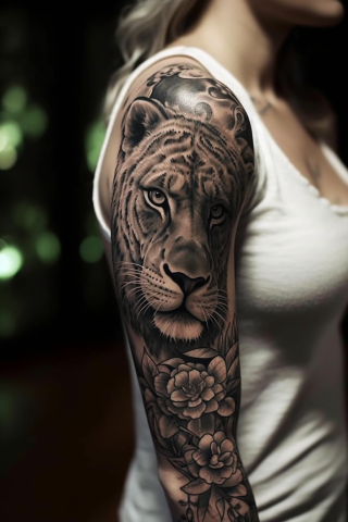 Colored Leo Tattoo On Right Sleeve