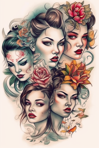 Neo traditional tattoos women faces, tattoo sketch#15