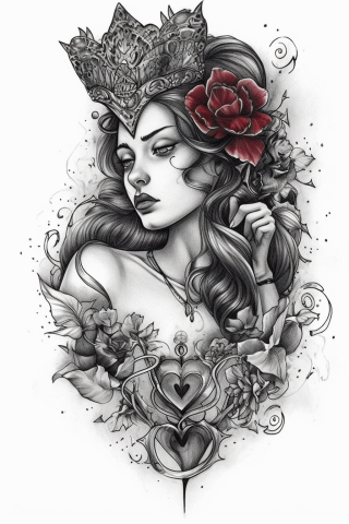 Queen of hearts tattoo, tattoo sketch#2