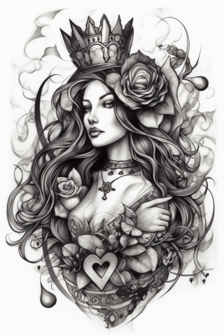 Queen of hearts tattoo, tattoo sketch#3