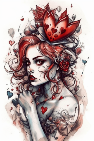Queen of hearts tattoo, tattoo sketch#4