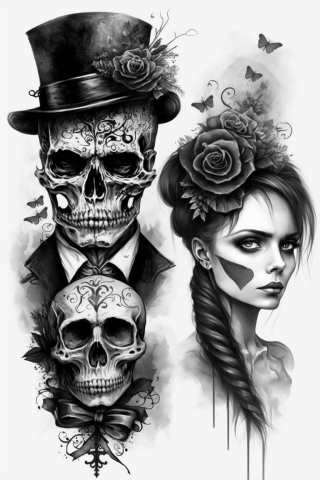 Skull couple tattoos, tattoo sketch#26