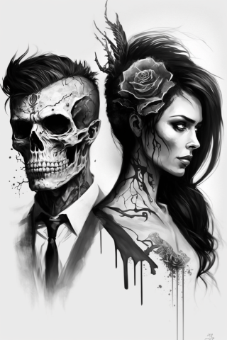 Skull couple tattoos, tattoo sketch#27