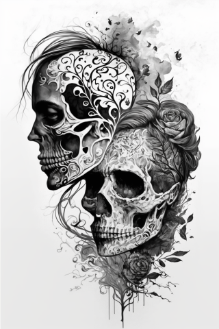 Skull couple tattoos, tattoo sketch#30