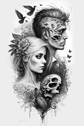 Skull couple tattoos, tattoo sketch#31