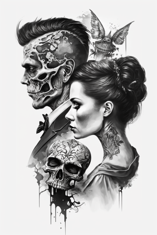 Skull couple tattoos, tattoo sketch#34