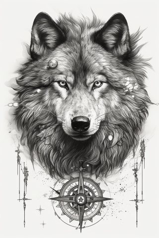 Wolf compass tattoo, tattoo sketch#4