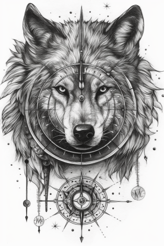 Wolf compass tattoo, tattoo sketch#5