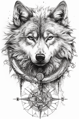 Wolf compass tattoo, tattoo sketch#6