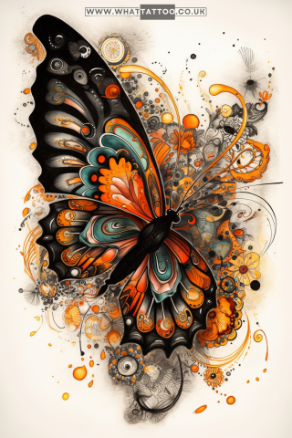 Tattoo, tattoo ideas, tattoo sketches, Psychedelic Rococo: Large Colorful Butterfly in Dark Orange and Light Black with Intricate Swirls